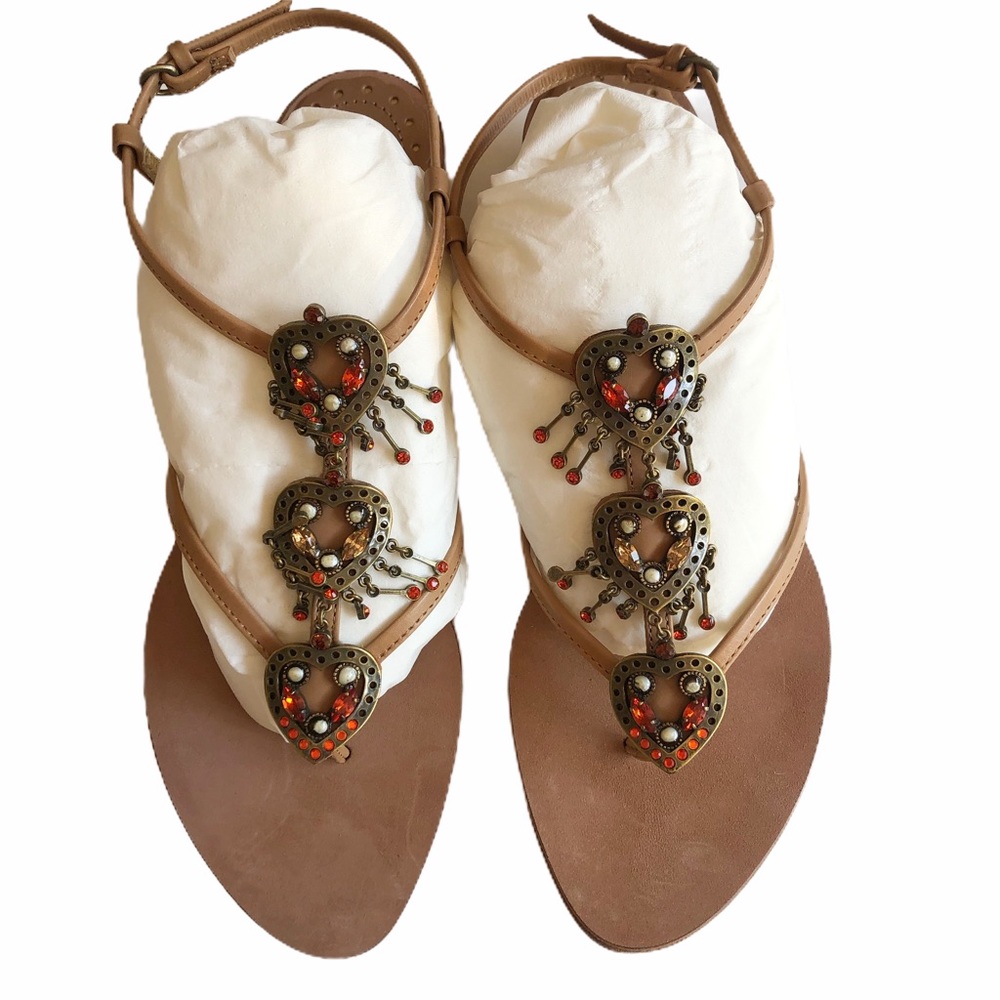 NEW Baldan Italian Tan Leather Heart Rhinestone Embellished Flat Sandals 38.5 - Picture 5 of 10